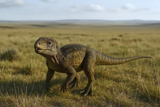 A dinosaur, a heterodontosaurus in the prehistoric steppe, fossil, extinct, prehistoric, dinosaur,