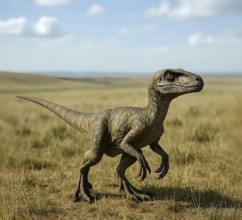 A dinosaur, a velociraptor in the prehistoric steppe, fossil, extinct, prehistoric, dinosaur,