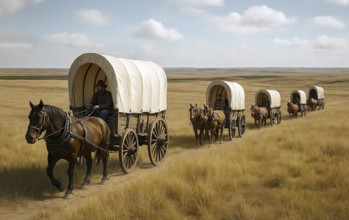 A trek of covered wagons travels through the prairies of North America, symbolic image settlers,