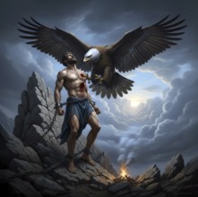 Prometheus chained to a rock, an eagle eats from his liver, symbolic image Greek mythology,