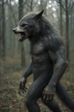 A werewolf after transformation in a dark forest, symbolic image beast, mythology, legend, horror,