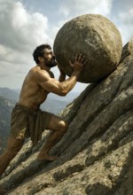 Sisyphus, Sisyphus, laboriously drags a heavy stone up the mountain, symbolic image endless,