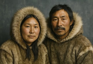 A couple of Inuit people, portrait, symbolic image Eskimo, polar region, winter, indigenous people,