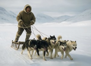 An Inuit rides on a dog sled in the snowy Arctic, symbol Eskimo, polar region, winter, hunting,
