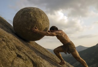 Sisyphus, Sisyphus, laboriously drags a heavy stone up the mountain, symbolic image endless,