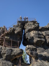 Rocks and rock group, with via ferrata and view, Töpferberg, Zittau Mountains, Saxony, Germany