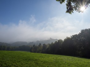 Landscape with meadows, forest and fog, Upper Lusatian mountain landscape, Zittau Mountains,