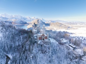 Winter landscape with Neuschwanstein Castle, surrounded by snow-covered forests and mountains,