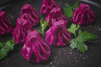 Beetroot khinkali, mini khinkali, purple, Georgian cuisine, no people