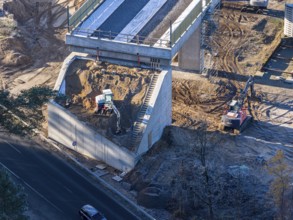 Aerial view of construction site, new bridge is build as part of bypass road, Celle, Germany