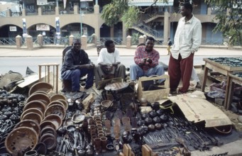 Artist, woodcarving stand at Lilongwe market, Malawi, Africa, June 2000, vintage, retro, old,
