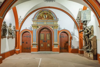 Arcades with antique wooden doors, City Hall, Basel