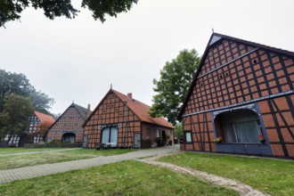 Well-preserved half-timbered houses, four-frame building, hall houses, arranged in a circle,
