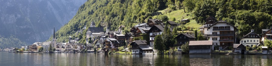 Idyllic seascape with picturesque houses on the shore in front of wooded mountains, Austria,