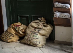 Coffee bags are used as decoration in a small coffee house, Berlin, Germany