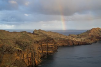 Sunset, rainbow at sea, volcanic peninsula, Ponta de São Lourenço, Ponta de Sao Lourenco, rocky