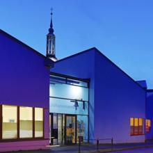 The Johanniszentrum with the top of St. John's Church in the evening, Witten, Ruhr area, Germany