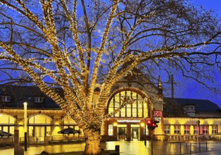 Central Station with Christmas lights in the evening, Witten, Ruhr area, North Rhine-Westphalia,