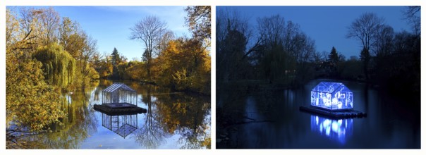 The Lippe River with Christoph Hildebrand's Arche light work during the day and at night,