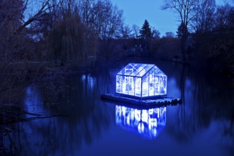 The river Lippe with the artwork Arche by Christoph Hildebrand at night, Lichtpromenade Lippstadt,