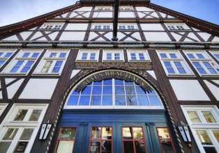Beautiful door detail on the half-timbered Altes brewhouse in the historic city center of