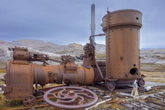 Steam engine at abandoned marble quarry Camp Mansfield, Ny London near Ny-Alesund,