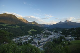 City of Berchtesgaden at sunset from the Lockstein view with alpine panorama in summer.