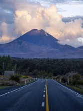 Roadshot, Mount Ngauruhoe evening at sunset, road SH 47. Tongariro National Park, North Island, New