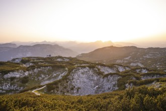 At the Berchtesgaden High Throne in summer at sunset, view of the Störhaus on Untersberg.