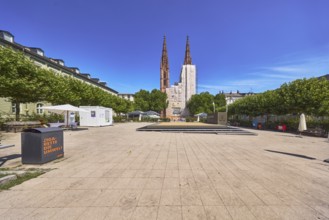 St. Boniface Catholic Church, scaffolding, renovation, concrete paving square, trees, general