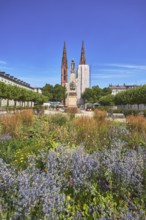 Park, flower bed, plants, Waterloo monument, St. Boniface Catholic Church, scaffolding, renovation,