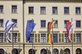 Flags, Israeli flag, German flag, European flag, flag of Hesse, state parliament, flagpoles, façade