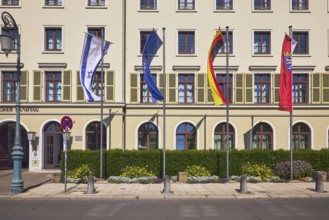 State parliament, flagpoles, flags, Israeli flag, German flag, European flag, Hesse flag, façade