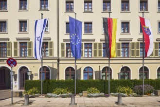 Flags, Israeli flag, German flag, European flag, flag of Hesse, flagpoles, state parliament, façade