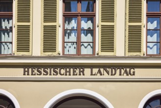 Hessian state parliament, sign state parliament, sunny, Schlossplatz, Wiesbaden, state capital,