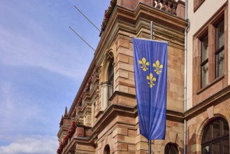 Flag of the city of Wiesbaden, town hall, façade, sandstone building material, architect Georg von