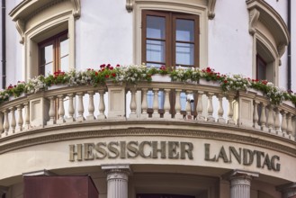 Wilhelmsbau, state parliament, balcony, flower boxes, state parliament sign, former military