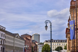 Lantern, flag of the city of Wiesbaden, general architecture, high-rise building, town hall,