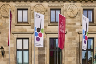 Rheingau Music Festival, spa hotel Wiesbaden, advertising flags on flagpoles, spa hotel, sandstone