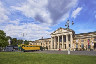 Spa hotel, neo-classical style, architect Friedrich von Thiersch, columns, lantern, trees, lawn,