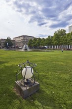 Garden area, lantern, lawn, bowling green, cascade fountain, general architecture, shadow, back