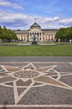 Paving stone sidewalk, mosaic, pattern, spa hotel, garden, lawn, bowling green, trees, cascade