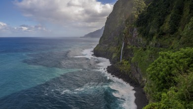 Waterfall flows into the sea, Miradouro do Véu da Noiva, Madeira, Portugal
