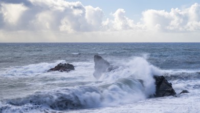 Waves hit rocks in the sea, Madeira, Portugal