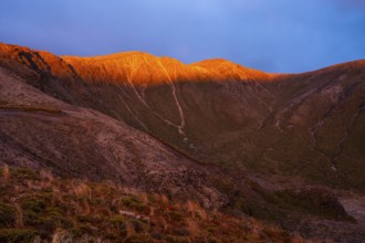 Volcanic landscape, Tama Lake Walk (Tama Lakes Track), evening light, sunset. Tongariro National