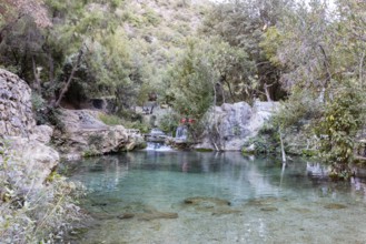 Clear pond surrounded by green vegetation with small waterfalls and rocks, El Kelaa river in