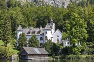 A, Hallstatt, An idyllic lakeside castle surrounded by a thick green forest, Austria