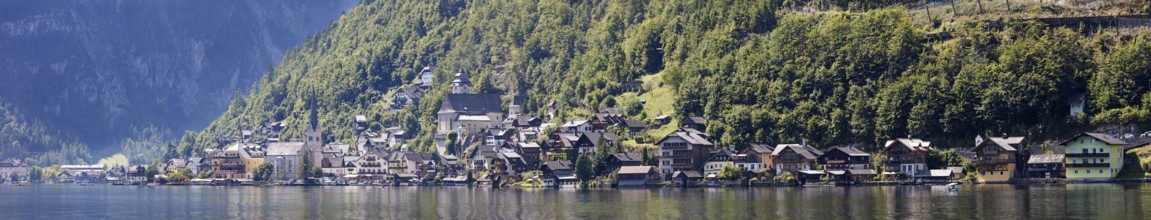 A, Hallstatt, Pano, k, cut, A wide panorama of a picturesque village on a quiet lakeside with