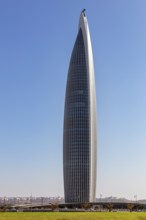 A modern skyscraper rises impressively into the blue sky, Mohammed VI Tower in Rabat in Morocco