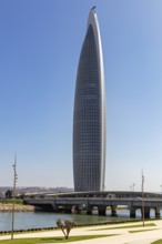 Tall skyscraper against clear sky, modern architectural design, Mohammed VI Tower in Rabat in